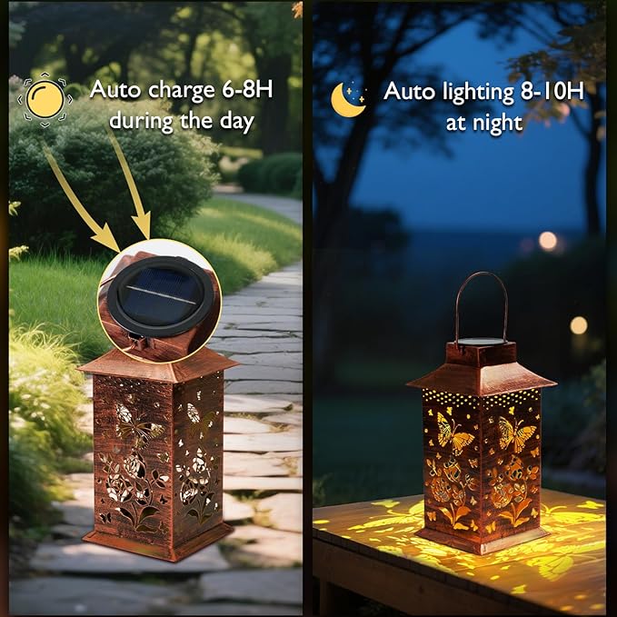 Homemory Butterfly Solar Lanterns Waterproof, Metal Hanging Hollowed-Out Metal Decor Lantern, LED Outdoor Decoration for Outside LED Lanternse for Yard, Backyard, Porch, Lawn