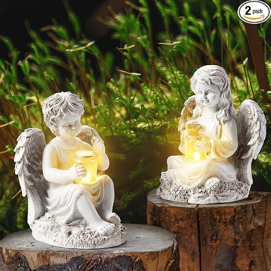 2 Pack Outdoor Angel Statue Garden Decor, Classic Solar Angel Figurine Decoration for Yard Art Indoor Porch Home Lawn Outside Light up Cherub Sculpture Guardian Wings Angel Memorial Gifts