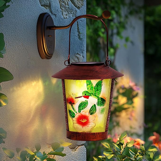 Hanging Solar Lantern Outdoor Decorative Waterproof LED Solar Hummingbird Lights Tabletop Lamp with Hollowed-Out Design for Outdoor Garden Patio Yard Deck Table Porch Pathway Wall