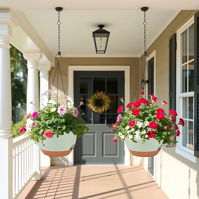 2 Pack 12 Inch Large Hanging Planters with Chains Self Watering Green Brown Plastic Hanging Pots for Indoor Outdoor Plants, Garden Porch Home Decor，Green Brown