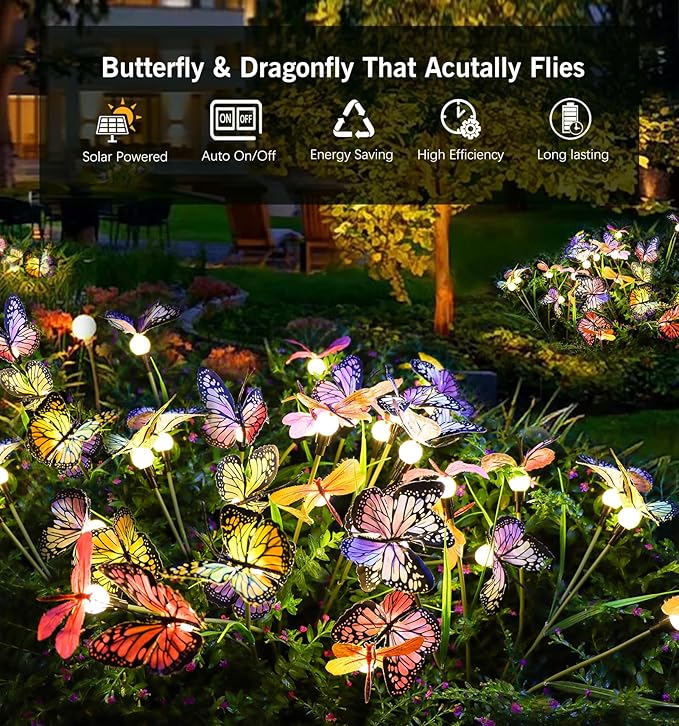 Aiscool Solar Garden Lights, 4 Pack Swaying in The Wind Butterfly Light Outside, Solar Outdoor Lights,Yard Patio Pathway Lawn Decoration,Realistic Butterflies & Dragonflies
