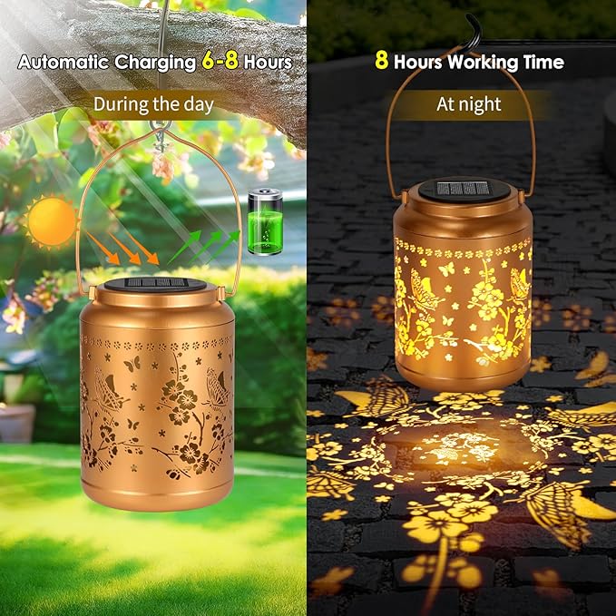 Garden Decor Birthday Gifts for Women, Butterfly Solar Lanterns Outdoor Decoration, Mothers Day Gifts for Mom Grandma, Hanging Solar Lights Outside for Yard, Patio, Backyard, Porch (2 Pack)