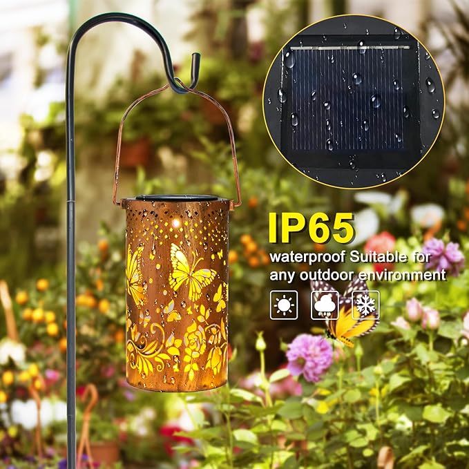 4 Packs Solar Lanterns Outdoor Hanging Lantern Lights, 4 Butterflies Hollowed-Out Metal Decor Lantern, Waterproof LED Decorative Garden Light Gifts