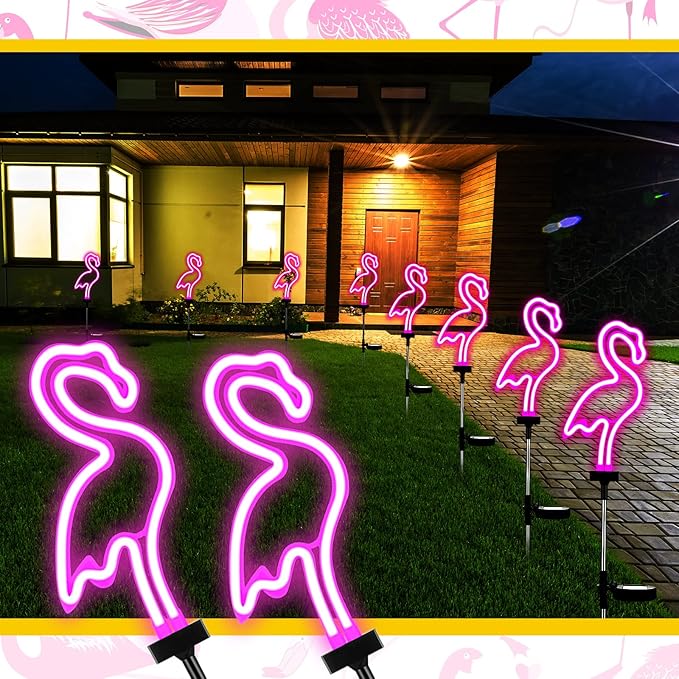 Hortsun Flamingo Solar Lights Outdoor Neon Light Yard Pink Flamingo Waterproof Decorations for Garden Patio Yard Pathway Decoration(4 Pack)