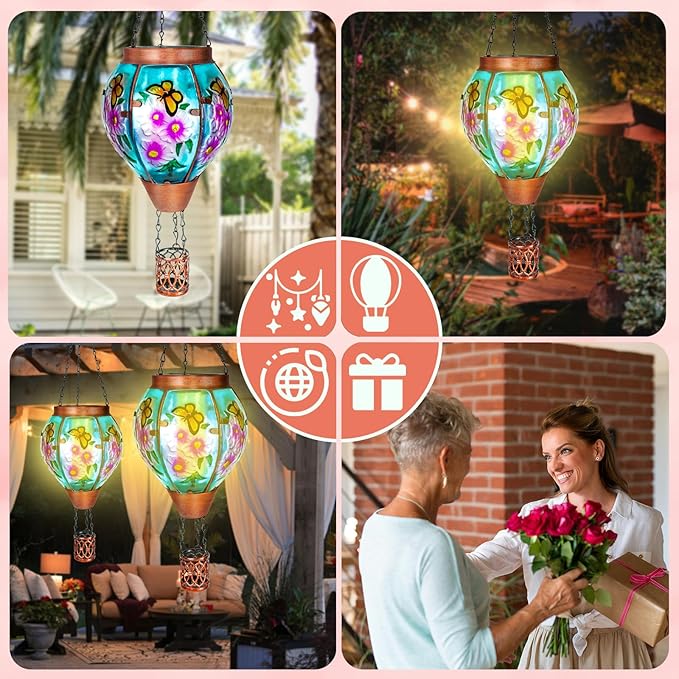 4 Pack Solar Hot Air Balloon Lantern with Flame， Butterfly Glass Outdoor Solar Lanterns for Outside Hanging Farmhouse Patio Pathway Decor, Butterfly Gifts for Women Grandma Mom - Butterfly