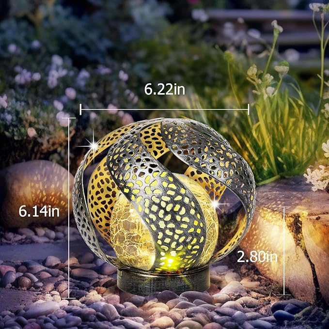 Huaxu Solar Lights Outdoor Garden Decor Waterproof Cracked Glass Globe LED Light Silver Retro Art Metal Retro Design Decorative Yard Patio Lawn Pathway Gift for Mom Women Anniversary Birthday