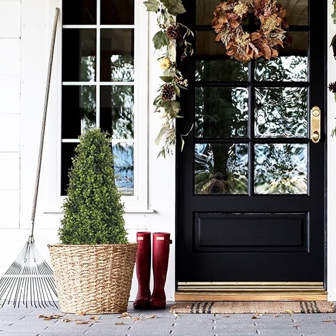 3ft Artificial Boxwood Topiary Trees (Set of 2) - UV Resistant Faux Plants Outdoor, Realistic 36" Fake Cone Bushes and Shrubs for Front Porch, Planter, Patio - Low Maintenance & Evergreen