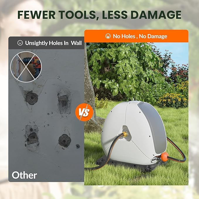 Giraffe Tools Ground Mounted Retractable Hose Reel 1/2 Inch x 130FT, Heavy Duty Automatic Rewind Garden Hose Reel, with Flexible Swivel Base for Lawn, Concrete Floor