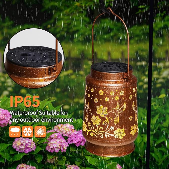 2 Pack Solar Lanterns Outdoor Waterproof Hummingbird Garden Decor Birthday Gifts for Women Mom Grandma Hanging Solar Lights Metal Solar Decoration Outside for Yard, Patio, Backyard, Porch