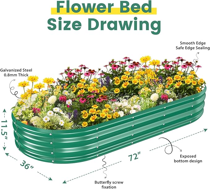 Galvanized Raised Garden Beds for Gardening - 72 x 36 x 12 inch Oval Metal Planter Boxes Above Ground Outdoor for Vegetables,Flowers,Herbs, Garden Container Green (1, 6X3X1FT)