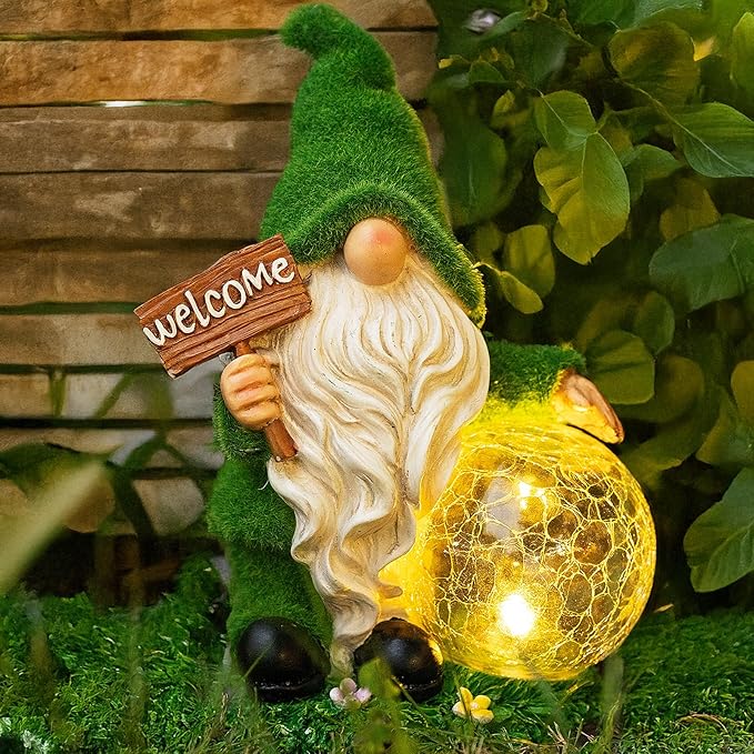 Gnome Garden Statue Figurine Decor with Solar Lights, Outdoor Garden Succulent Ornaments Waterproof Decoration for Outside Patio Yard Lawn Decor