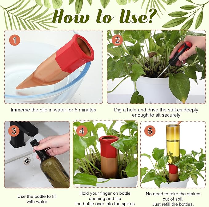 12 Pack Plant Watering Devices Include 6 Terracotta Self Watering Spikes and 6 Pcs 26 oz Plastic Bottles, Slow Release Vacation Insert Automatic Plant Waterer Device (Mixed Colors)