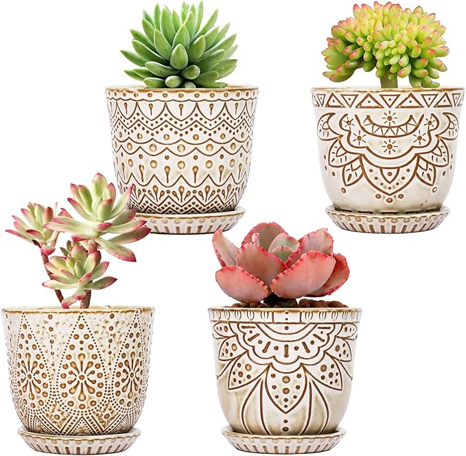 Gepege Succulent Pots, 4 Inch Small Indoor Ceramic Planter Pot with Drainage Holes and Saucers for Plants- Creamy White - Set of 4
