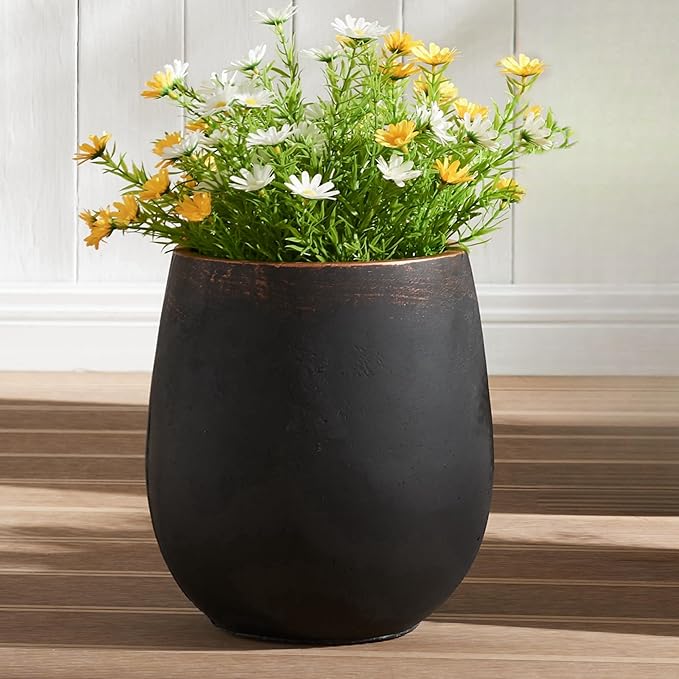 15.5" H Outdoor Concrete Planter, Round Flower Pot with Drainage Hole and Silicone Plug, Plant Container for Garden, Patio, Home, Office, Black, Copper Rim, 1 Pack