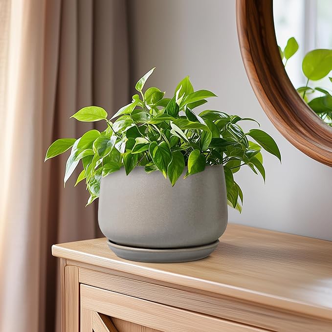 G EPGardening Ceramic Plant Pots - Round 6 Inch Modern Planter with Drainage and Plant Saucer Indoor Outdoor for Flower, Garden Decor, Gifts for Home, Retro Gray