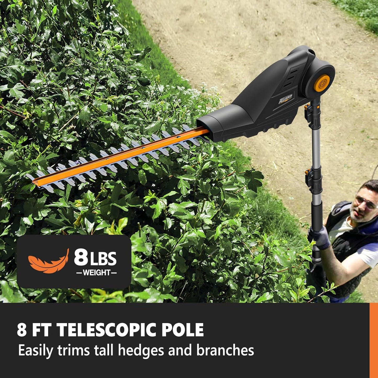 Alloyman 2-in-1 Telescoping Cordless Pole Hedge Trimmer 16-Inch and Pole Saw 8.6-Inch,with 2 Packs 4.0Ah Batteries & Charger,for Tree Trimming and Shrubs Pruning