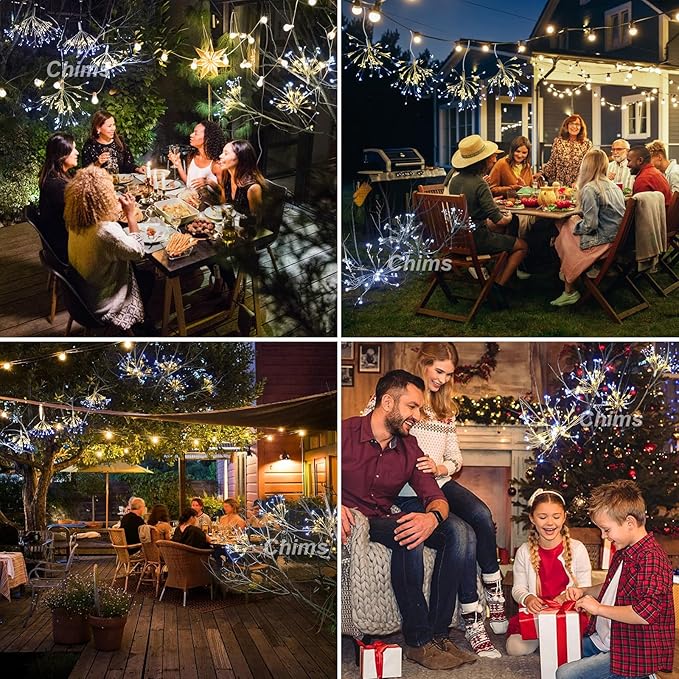 4 Pack Firework Lights, Yellow and White Patio Fairy Light Lighting Star Fireworks Sphere Fancy 120 LED DIY Dandelion Decoration Light with Remote, for Outdoor Bar Tree Wedding Party Restaurant