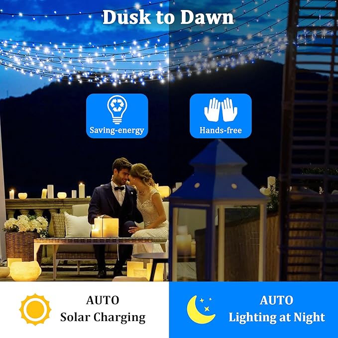 2-Pack 200FT Solar String Lights for Outside, 600 LED Extra-Bright Outdoor Light With 19 Modes & Timer, Waterproof Fairy Lights for Garden Patio Tree Christmas Decorations Blue & White