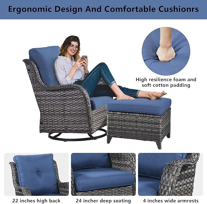 5 Piece Outdoor Patio Furniture Set - Wicker Furniture Patio Conversation Set, Outdoor Swivel Rocker Chairs with Loveseat Sofa and 2 Ottomans for Small Space, Blue Cushion