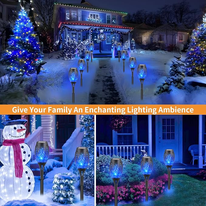 12-Pack Blue Solar Flickering Flame Torches – Waterproof Solar Garden Lights, Outdoor Solar Lights for Yards, and Flame Torches for Patio and Pathway Decorations