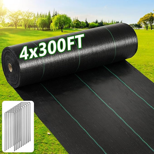 4ft×300ft Garden Weed Barrier Fabric, 3.2oz Premium Weed Blocker with 60 U-Shaped Securing Pegs, Weed Preventer for Gravel, Driveway, Gardening, Farming, Underlayment, Landscape