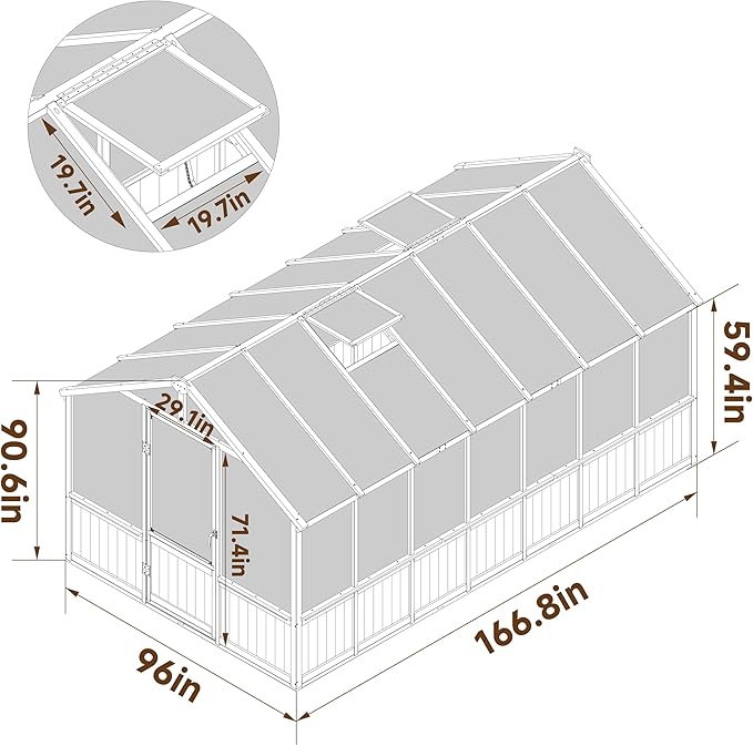 8x14 FT Outdoor Greenhouse Kit, 6MM Thick Polycarbonate Panel Wooden Walk-in Green House with Adjustable Roof Vents & Roof Vents, Backyard Garden, Light Mocha Brown