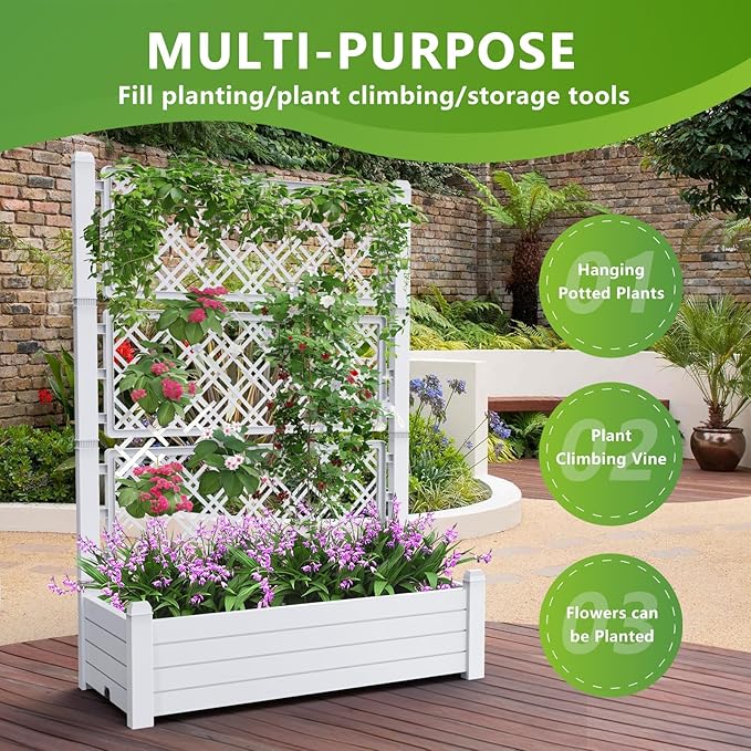 59.3in Planter Box Trellis, Large Outdoor Plastic Raised Garden Bed with Drain Plug for Climbing Plants(Ashen,43.43 * 18.27 * 59.29)