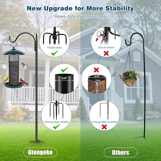 Gtongoko Adjustable 47 inch Shepherds Hooks for Outdoor Bird Feeder with 5 Prongs, Bird Feeder Pole Garden Hooks for Hanging Lanterns, Plants Baskets, Hummingbird Feeders, 2 Pack