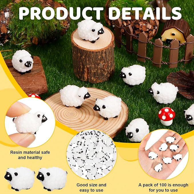 100Pcs Mini White Sheep Miniature Resin Sheep Figurines Cute Little Figurines Fairy Outdoor Moss Ornaments Landscape Figurines Garden DIY Ornament Accessories for Indoor Outdoor