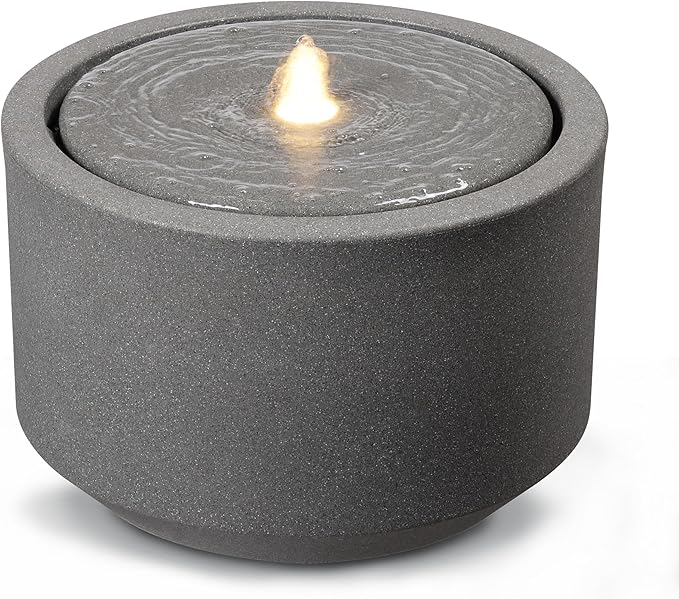 10.23” H Outdoor Water Fountain Made with Eco-Friendly Recyclable Materials, Polyethylene Round Bubbler Outdoor Fountain, Garden Decor with LED Light for Patio, Porch, Backyard