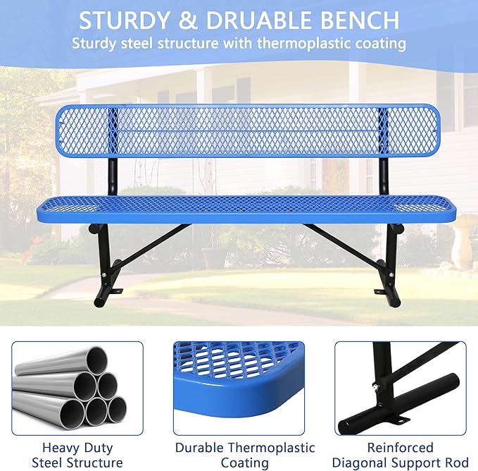 8FT Heavy Duty Park Bench with Back Portable Frame, Outdoor Steel Bench with Backrest, Outdoor Park Bench Expanded Metal Mesh Bench for Lawn, Park, Deck, Garden, Patio, Porch, Black (Blue, 8FT)