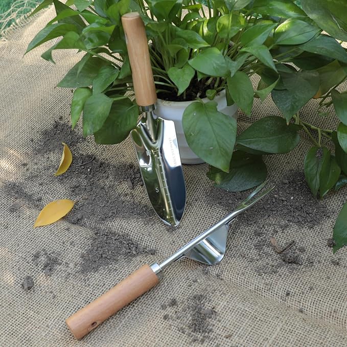 Garden Tool Set, 2 Pieces Stainless Steel Heavy Duty Garden Tools, Gardening Kit with Ergonomic Wooden Handle, Durable Garden Tools for Gardening, Gardening Gifts for Women