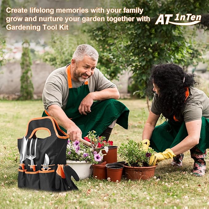 Garden Tool Set with Non Slip Rubber Grip,8 Piece Stainless Steel Gardening Tool Sets,Heavy Duty Outdoor Hand Tools Durable Storage Tote Bag,Uprooting Weeding Tool, Gifts for Women Men(Orange)