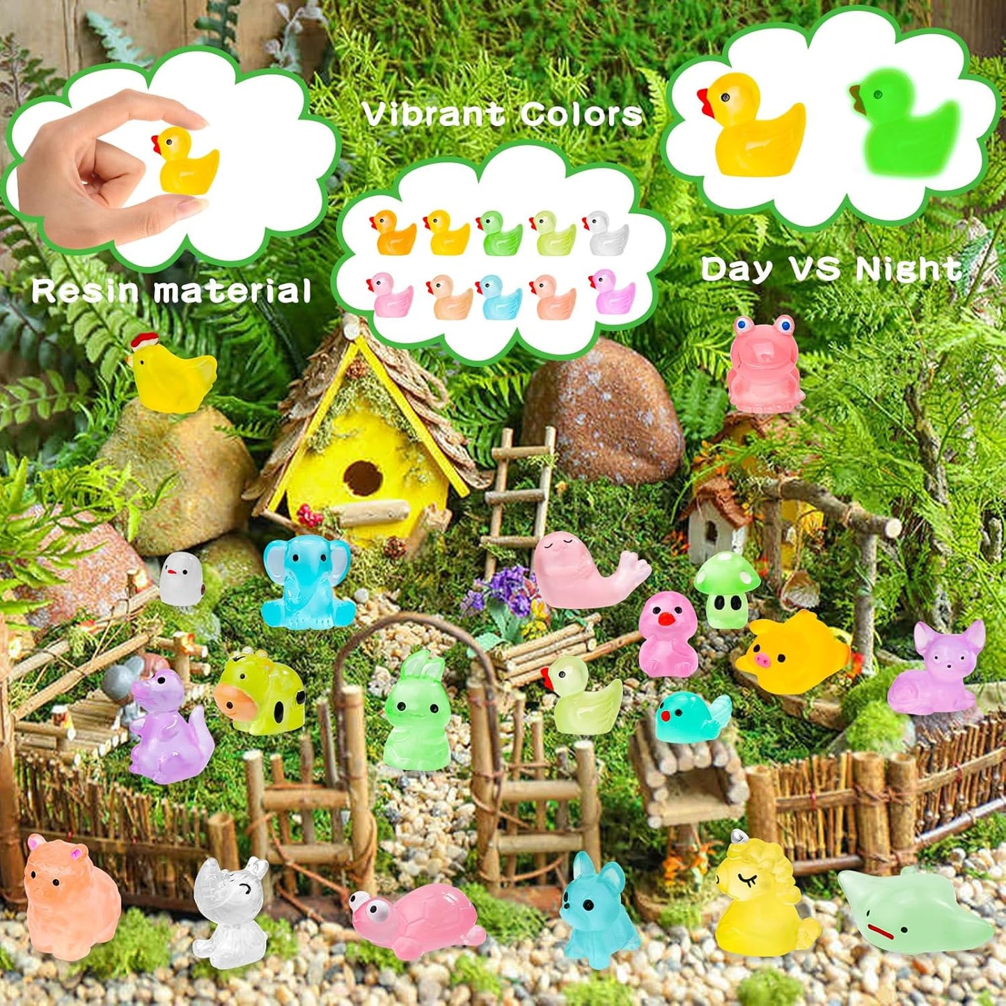 120PCS Glow in The Dark Mini Resin Animals 20 Styles of Luminous Ducks dinosaurswls Frogs and More Tiny Figurines for Fairy Garden Aquarium Terrarium Potted Plants Dollhouse Decor