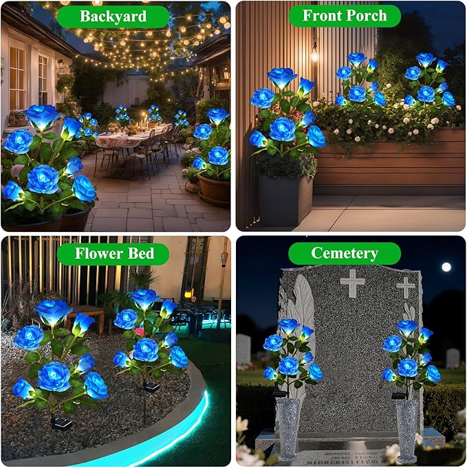 1 Pack Solar Garden Lights Outdoor, 7-Flower Rose Solar Lights for Yard, LED Solar Powered Stake Lights for Patio Pathway Lawn Fence Cemetery, Blue