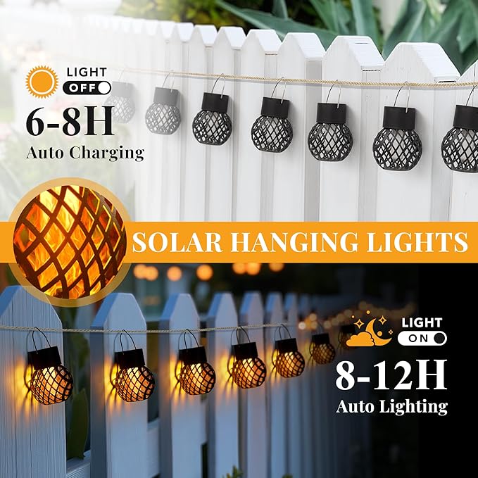 GIGALUMI 12 Pack Solar Lanterns for Outside,Solar Hanging Lights Outdoor Waterproof with Flickering Flame,Solar Powered Outdoor Lights Garden Decor for Yard,Patio,Tree,Camping,Festival Decoration