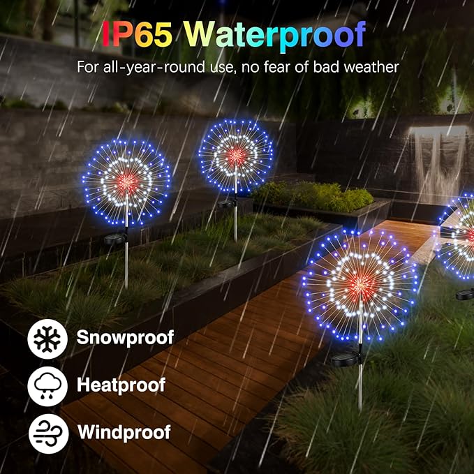 4th of July Firework Solar Garden Lights, Red Blue White Solar Firework Lights with 120 LED 2 Lighting Modes, Outdoor Waterproof Yard Lighting for Independence Day Memorial Day Decor, 4 Pack