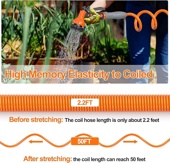 3/8” Lightweight Coil Garden Hose 50 FT, EVA Retractable Curly Water Pipe with 6-Pattern Spray Nozzle for Boat, Greenhouse, Yard, Patio (Orange)