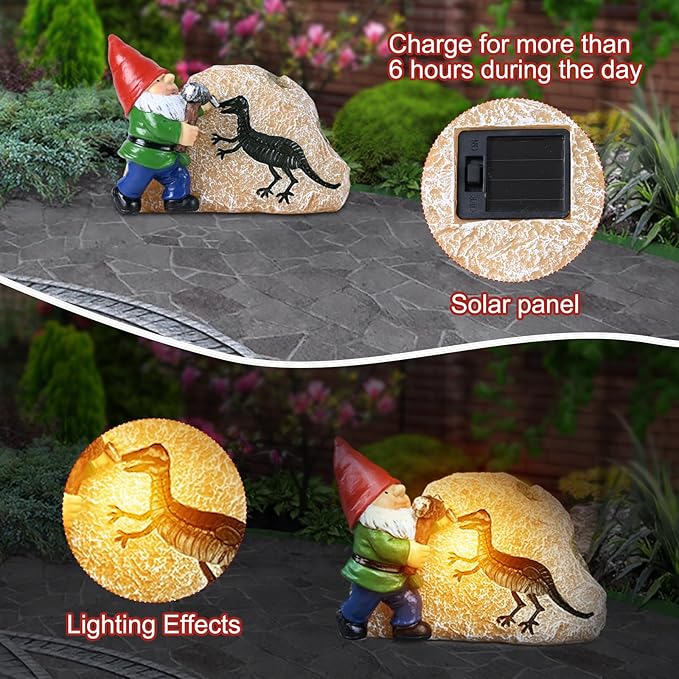 Garden Gnome Statues-Solar Gnomes Statues-Outdoor Gnome Figurine Decor Dinosaur Resin Decoration for Patio Yard Lawn Ornament Gnomes Gift for Woman 5.5 Inches