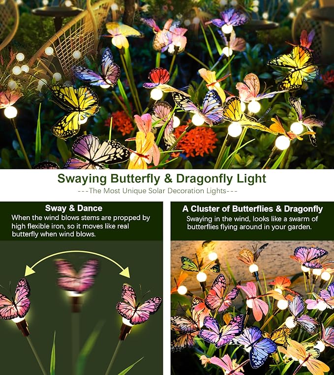 Aiscool Solar Garden Lights, Swaying Dance Butterfly Light Outside, Solar Outdoor Lights,Yard Patio Pathway Lawn Summer Decoration,Realistic Butterflies & Dragonflies(2 Pack)