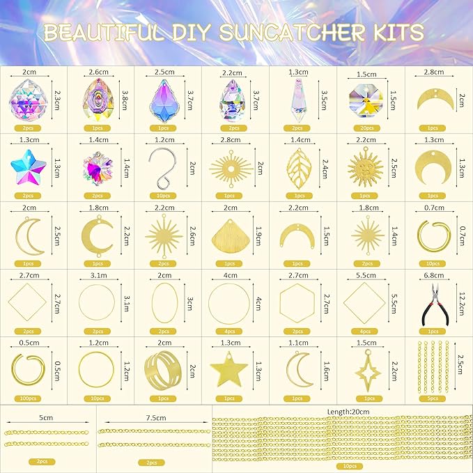 H&D HYALINE & DORA 215pcs DIY Crystal Suncatcher Kits for Adults Art Crafts Set with Rainbow Maker Prisms Pendant Sun Catchers Hanging Decor for Window Garden Wedding, Gold