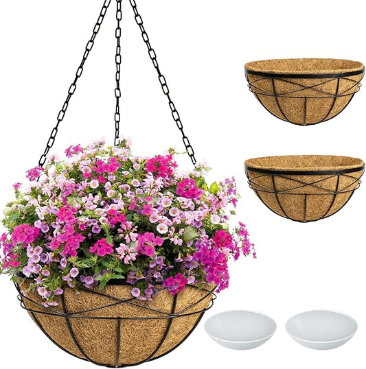2 Pack 18 Inch Extra Large Deep Hanging Baskets for Plants Outdoor Metal Hanging Planters Flower Pots with Coco Liners Black Hanging Plant Holder for Porch Balcony Garden Planting