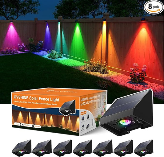 8 Pack Color Changing Solar Powered Fence Lights Outdoor Decorative LED Waterproof Yard Lighting for Outside Wall, Deck, House Patio, Rail, Stair, Backyard, 8 Colorful Modes, Easy 1-Min Installation
