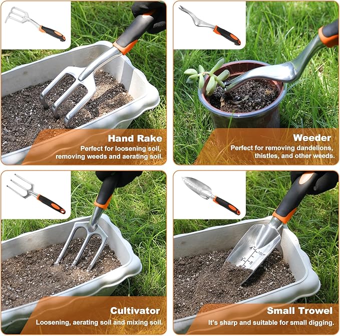 Garden Tool Set with Non Slip Rubber Grip,8 Piece Stainless Steel Gardening Tool Sets,Heavy Duty Outdoor Hand Tools Durable Storage Tote Bag,Uprooting Weeding Tool, Gifts for Women Men(Orange)