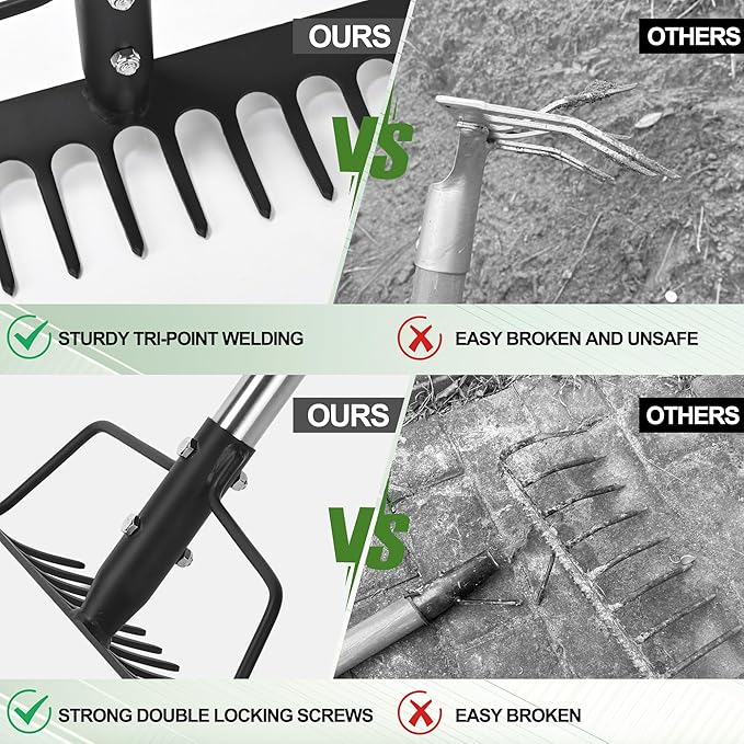 15 Inch Wide Bow Rake, 16 Steel Tines Metal Head Rake Tool with Stainless Steel Handle, Adjustable Long Handle Garden Rake for Loosening Soil Leveling Mulch Gathering Lawns Leaves