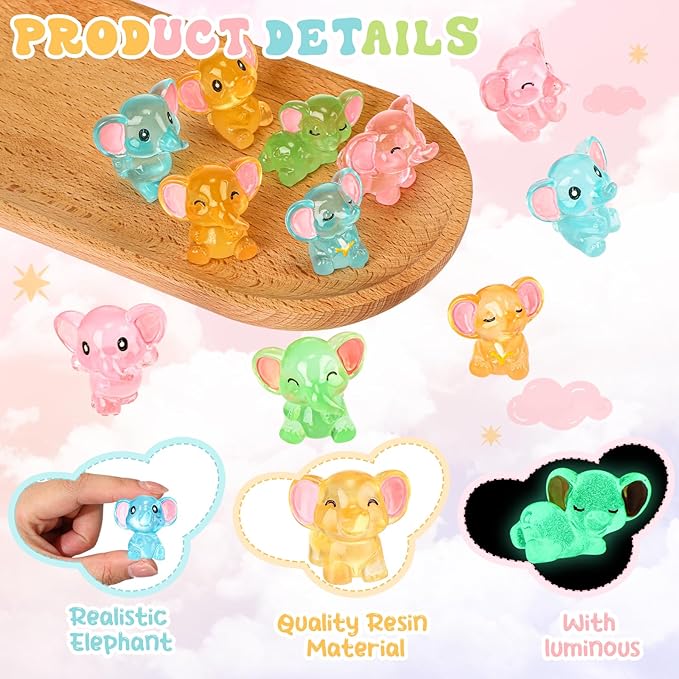 96 Pcs Luminous Resin Mini Elephant Animals Miniature Elephant Figurines Glow in The Dark Garden Accessories Moss Landscape DIY Terrarium Ornament for Garden Dollhouse Decoration (Classic)