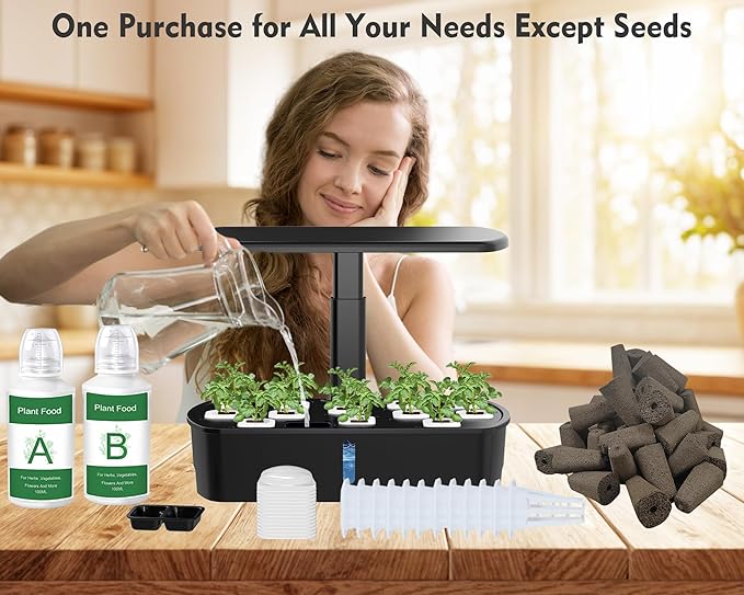 Hydroponics Growing System Kit 12 Pods Indoor Garden, Hydroponic Herb Garden Kit Indoor with LED Grow Light, Smart Indoor Garden, Adjustable Height, Auto Timer, Quiet Pump, Gift for Mom Women, Black