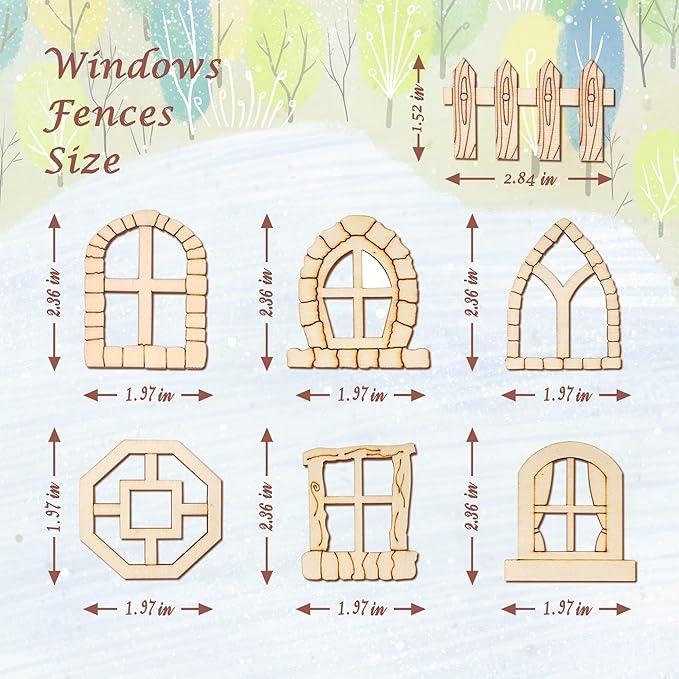 56 Pcs Fairy Door & Window Craft Kit - Wooden Garden Doors, Mini Fences, Unpainted Miniature Accessories for Home Party Event Decor - DIY Fairy House Decorations (Antique)