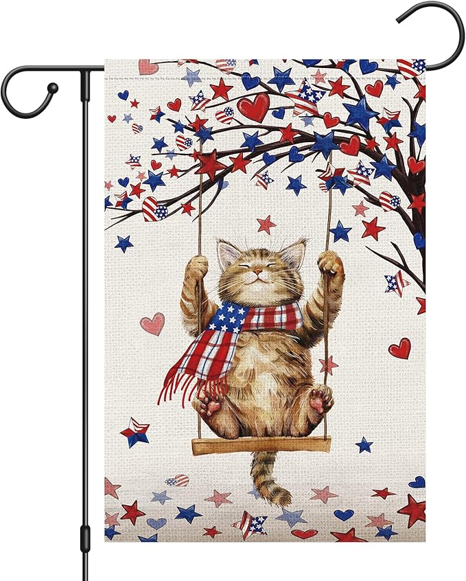 Heyfibro 4th Of July Patriotic Cute Cat Garden Flag 12x18 Double Sided Burlap, Heart Star Tree Pattern USA Flags Retro Yard Banner for Rustic Independence Day Outdoor Decor (ONLY FLAG)