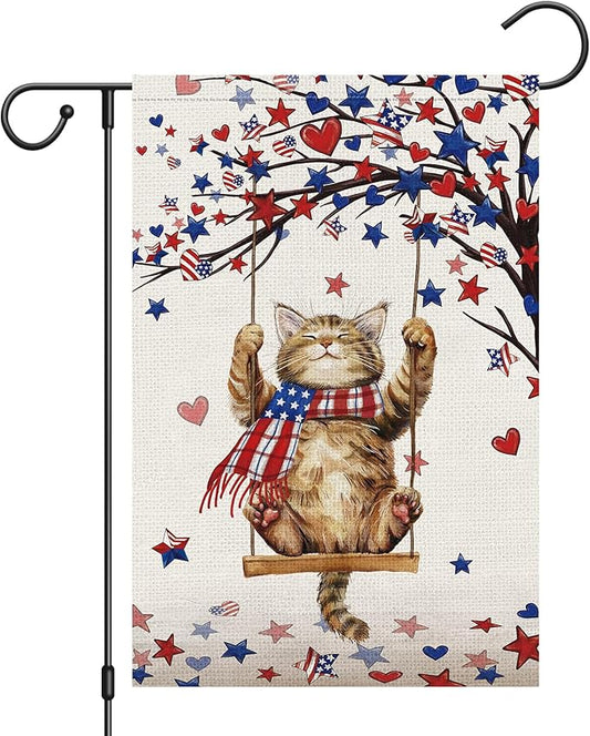 Heyfibro 4th Of July Patriotic Cute Cat Garden Flag 12x18 Double Sided Burlap, Heart Star Tree Pattern USA Flags Retro Yard Banner for Rustic Independence Day Outdoor Decor (ONLY FLAG)